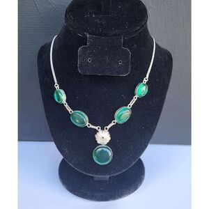 Sterling Silver Dainty Y-Drop Teal Green Bezel Set Necklace 925 stamped - 19"